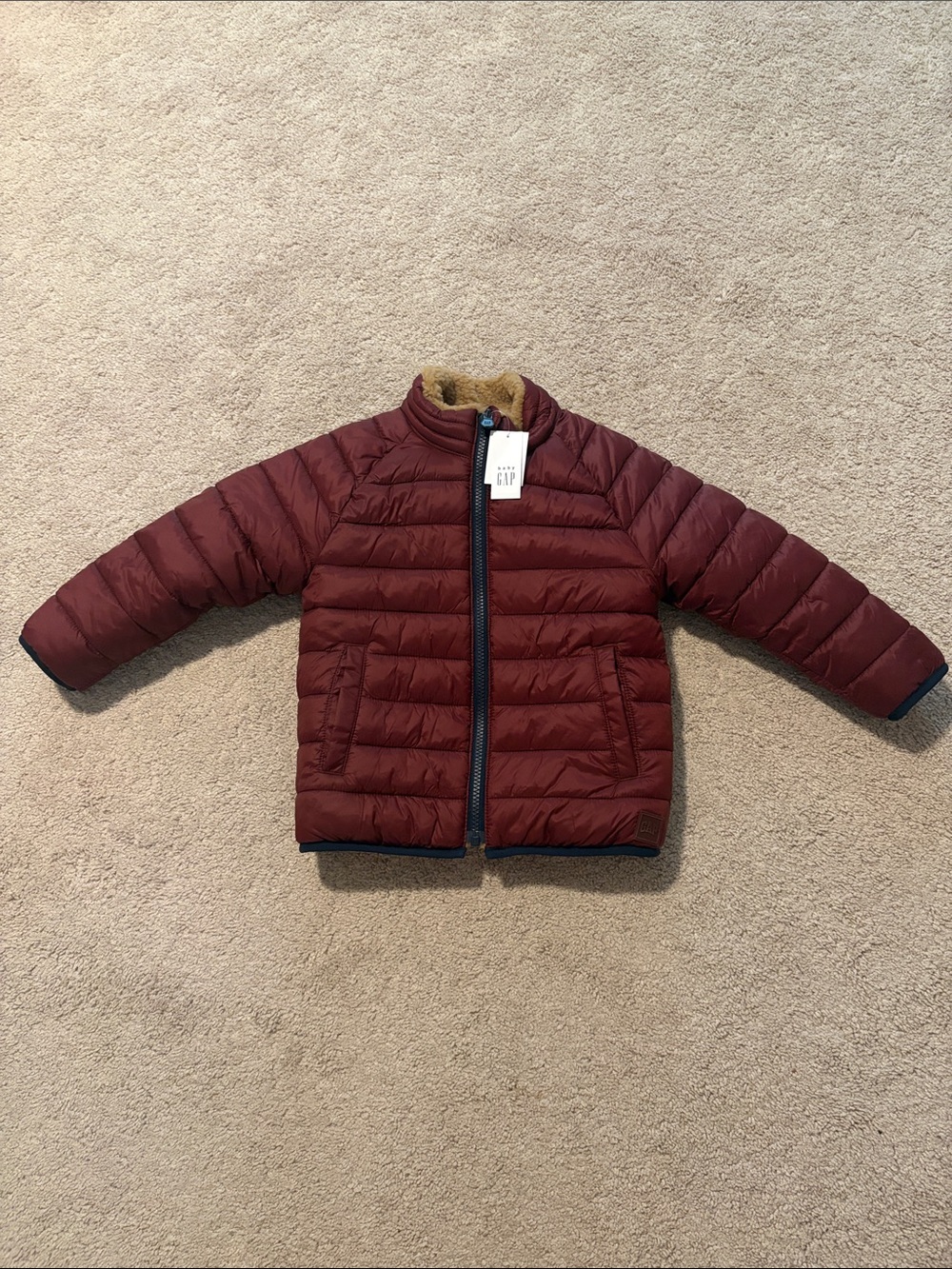 GAP Kids Reversible Maroon Quilted Puffer Jacket with Sherpa Trim